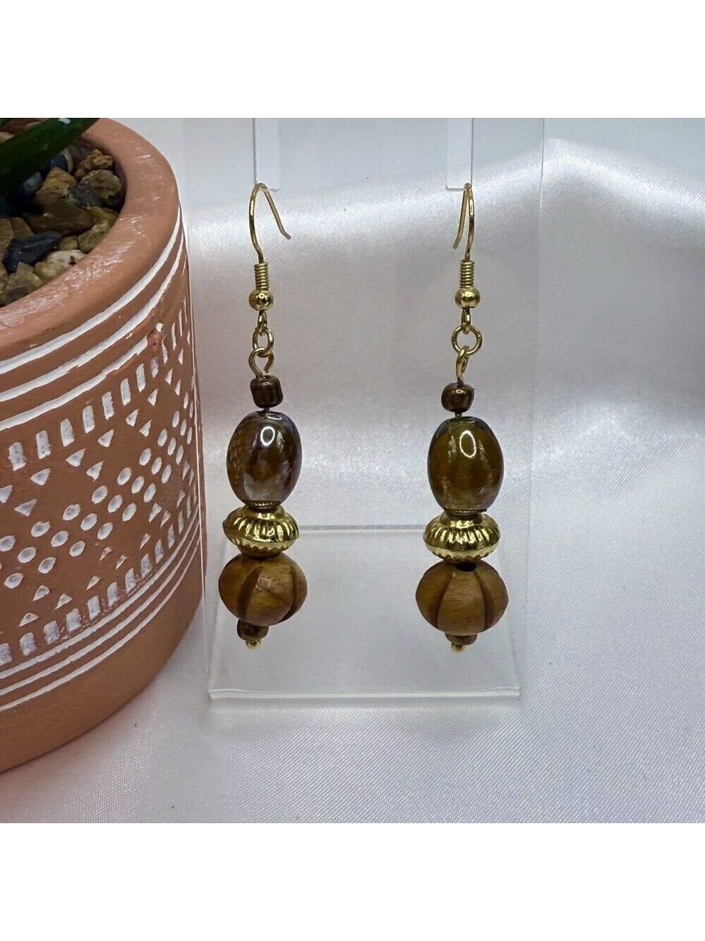 Tan Iridescent Glass Wooden Bead Earrings